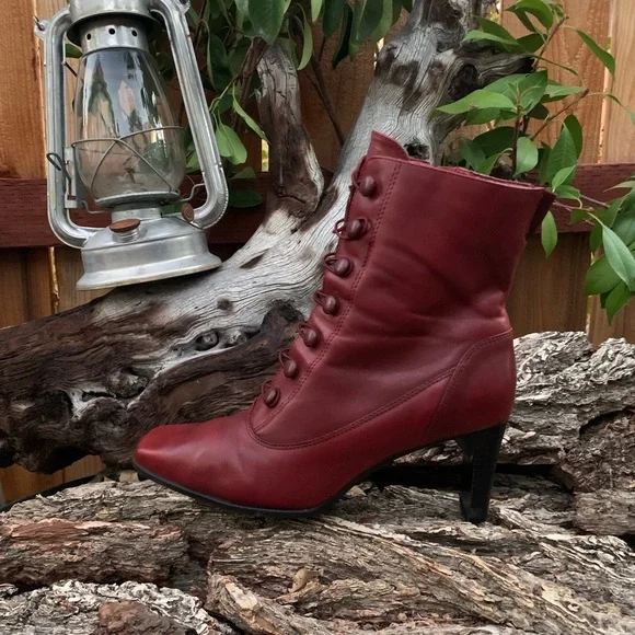 Vintage Markon Oxblood Red Leather Square Toe Stack Heel Pinup Retro Ankle Boots - Picture 3 of 9